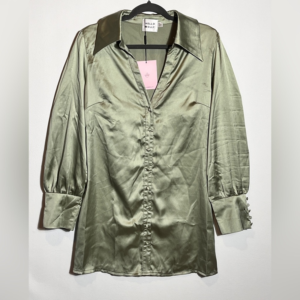 Hello Molly Satin Olive Mini Shirt Dress